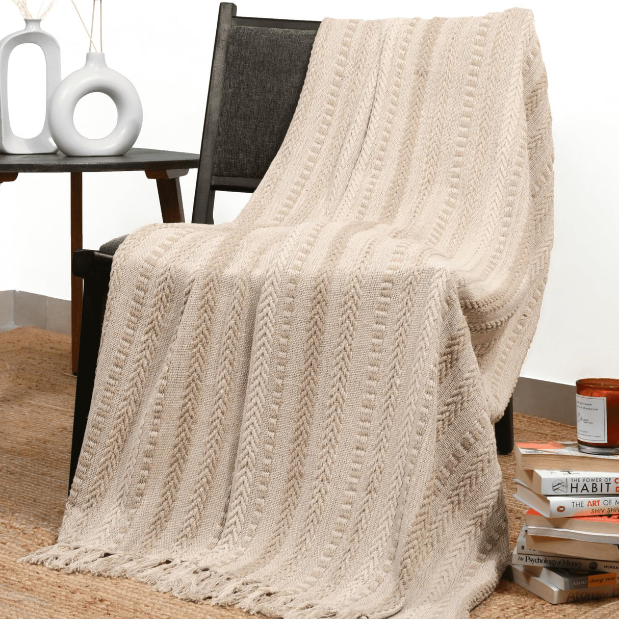 RAJRANG Farmhouse Throw Blanket Boho Living Room Decor Brown Cotton Stripe Cozy Bed Blankets with Fringe Soft and Luxury for Couch 50 x 60 Inches Warm Sand RAJRANG