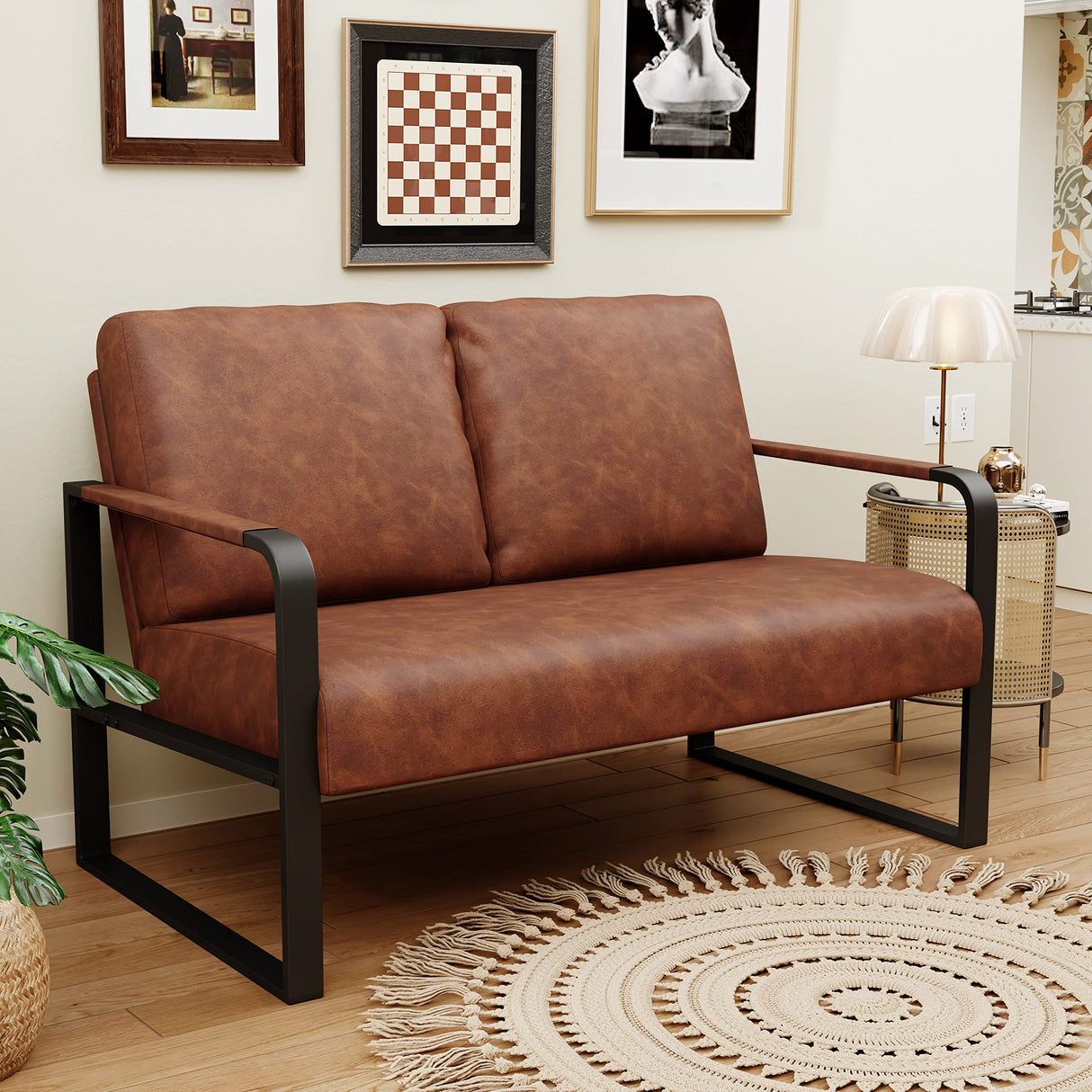 POINTANT Love Seat Mini Couch Small Settee Loveseat Bench for Living Room, Faux Leather Loveseat Sofa Small Sofa Couches for Small Spaces with Padded Cushion, Mid Century Modern Dark Brown Love Seats POINTANT