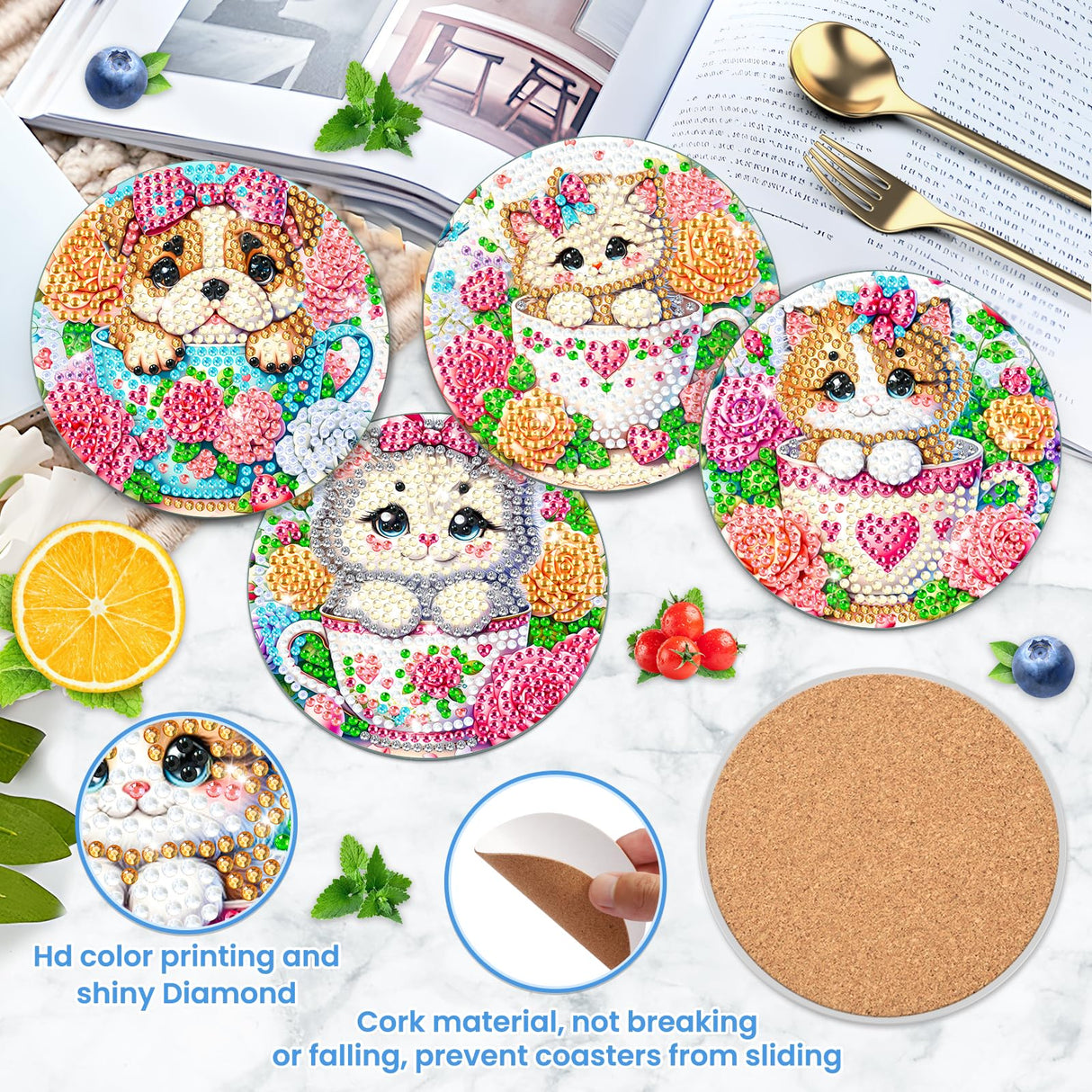 Bowetile 6PCS Flowers Diamond Art Painting Coasters Kit with Holder, Cat Diamond Art Kits for Adults Beginners, Dog Gem Art Kits for Adults, Arts and Crafts Kits for Adults for Home Decor Bowetile
