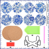 Diamond Art Coaster Blue Flower Diamond Painting Kits 5D DIY Acrylic Diamond Coasters with Cork Base and Holder for Adults DIY Craft, 8 PCS Augisteen