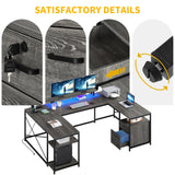 DWVO U Shaped Desk with Drawers, 79" Reversible L Shaped Desk with Power Outlets & LED Lights, Corner Computer Desk with Monitor Stand & Storage Shelves, Grey DWVO