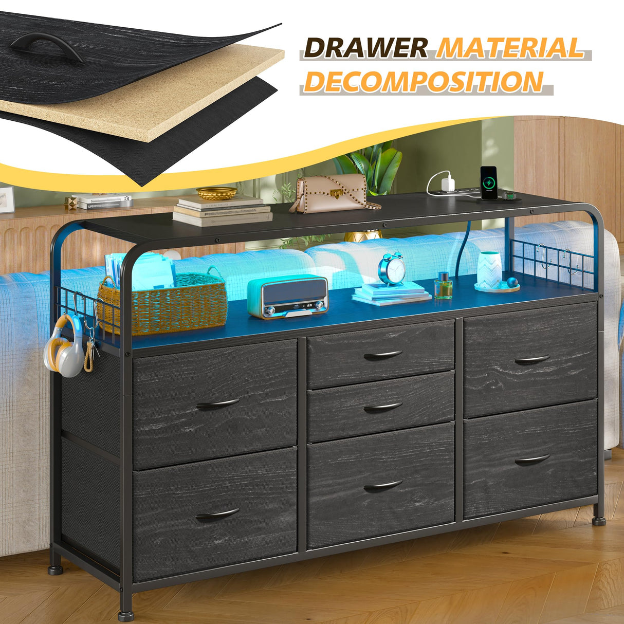 EnHomee Dresser for Bedroom, Black Dresser for Bedroom with 7 Drawers, Bedroom Dresser with LED Lights & Charging Station, Fabric Dressers & Chest of Drawers for Closet, TV Stand for 45" TV, 4 Hooks EnHomee