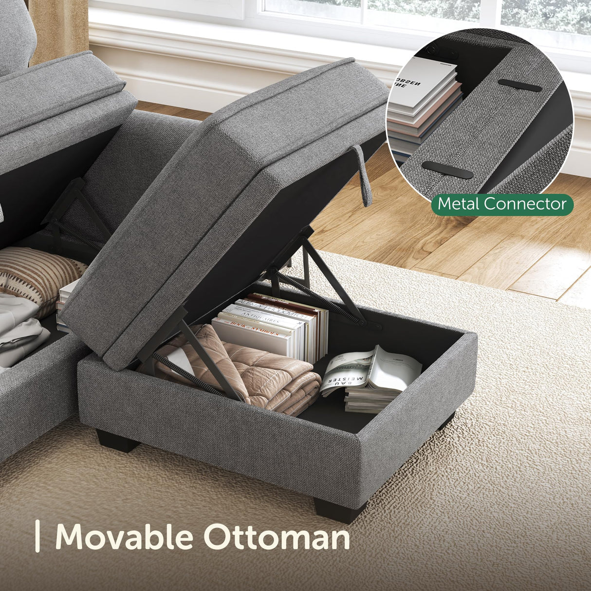 HONBAY Sectional Sofa with Storage Seat U Shaped Sectional Couch with Reversible Chaise Convertible Sectional Couches for Living Room,Light Grey HONBAY