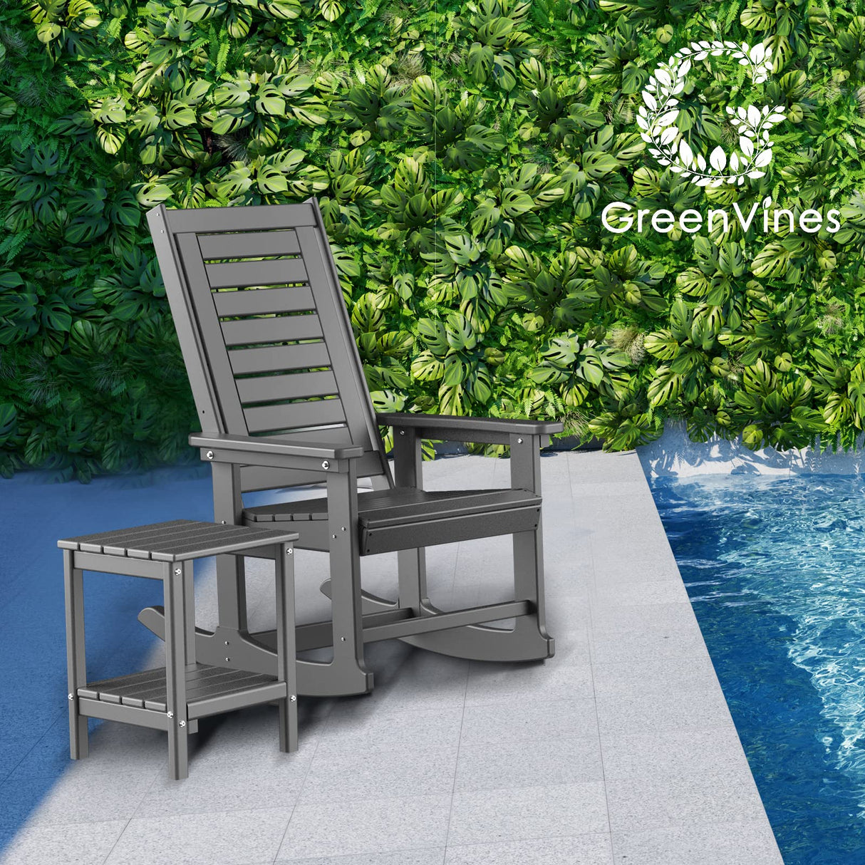 GREENVINES Outdoor Rocking Chairs | Set of 2 | Porch Rocker | HDPE Plastic | Grey | Oversized Rockers | High Back | Big & Tall | Ladder Back | for Patio Outside Backyard Balcony Garden GREENVINES
