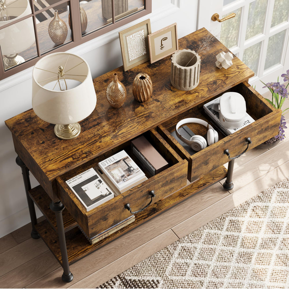 IDEALHOUSE Console Tables for Entryway, Small Entryway Table with 2 Drawers, Narrow Console Table with Storage Shelves for Living Room, Hallway Table, Sofa Table, Rustic Brown IDEALHOUSE