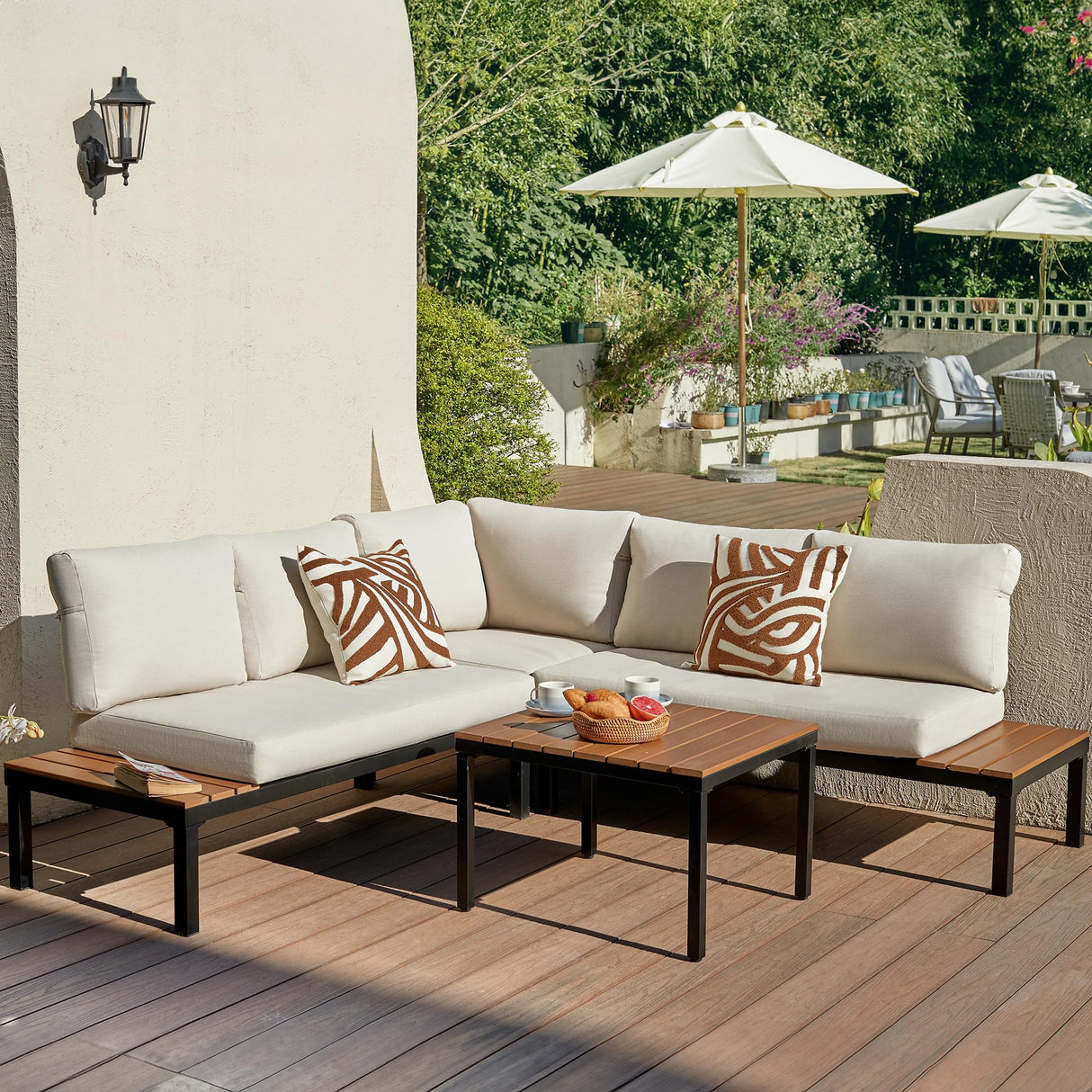 NATURAL EXPRESSIONS Patio Furniture Sets, Metal Outdoor Sectional L Shape Corner Sofa Outdoor Couch with Detachable Backrest,3 Fauxwood Tables,Black Frame,Beige Olefin Cushions for Yard,Garden NATURAL EXPRESSIONS