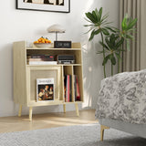 Semiocthome Record Player Stand with Vinyl Storage, Record Player Table with Storage Shelf, Turntable Stand with Rattan Cabinet Door, Side Table with Solid Wood Legs for Turntables for Living Room Semiocthome