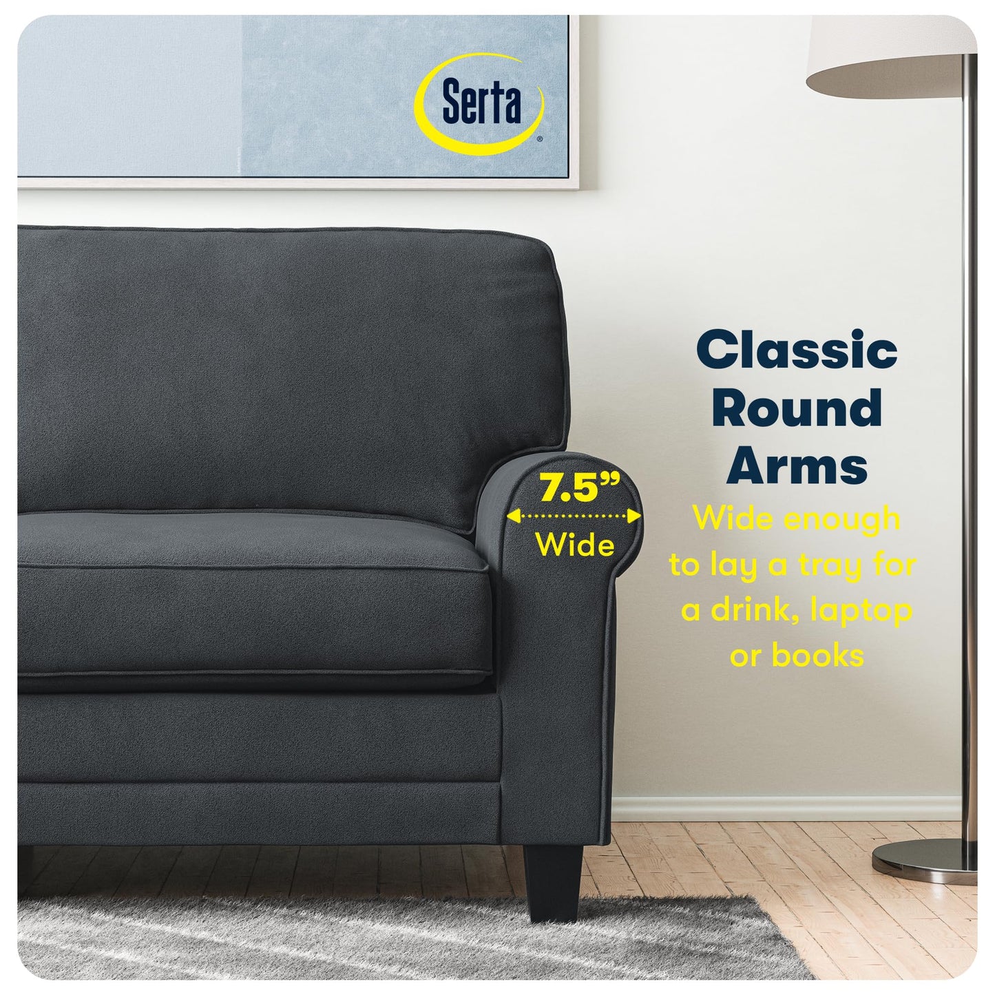 Serta Copenhagen Rolled Arm Sofa, Easy Care Polyester, Soft Pillow Back, Pocket Coil Seat Cushions, Removable Covers, Couch for Small Spaces, Living Rooms or Bedrooms, 61" Loveseat, Charcoal