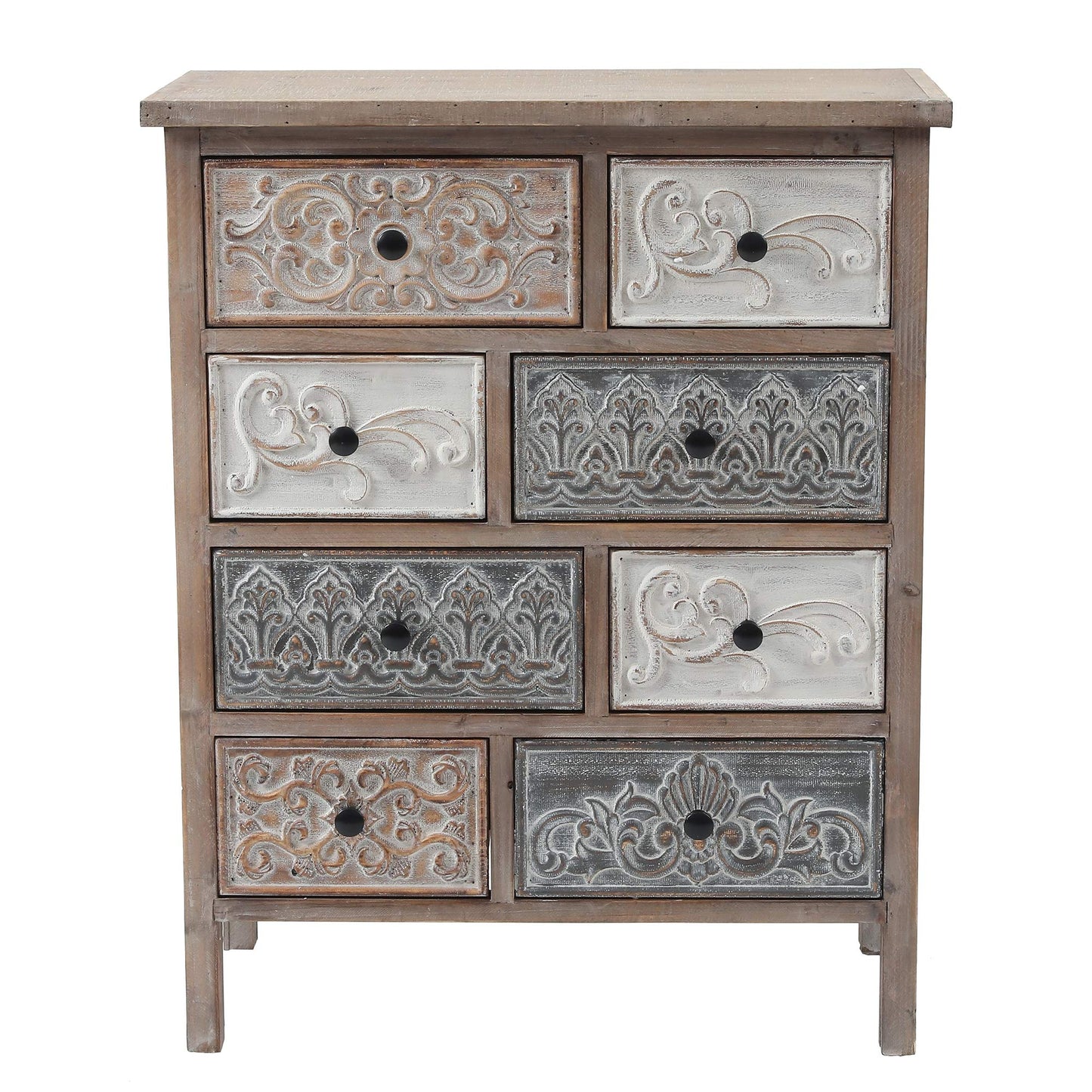 LuxenHome Rustic Carved Wood 8-Drawer Chest, Accent Handmade-Dressers, Distressed End Table with Metal Handle, Nightstand for Living Room, Bedroom, Hallway, 26 inch, White/Gray - WoodArtSupply