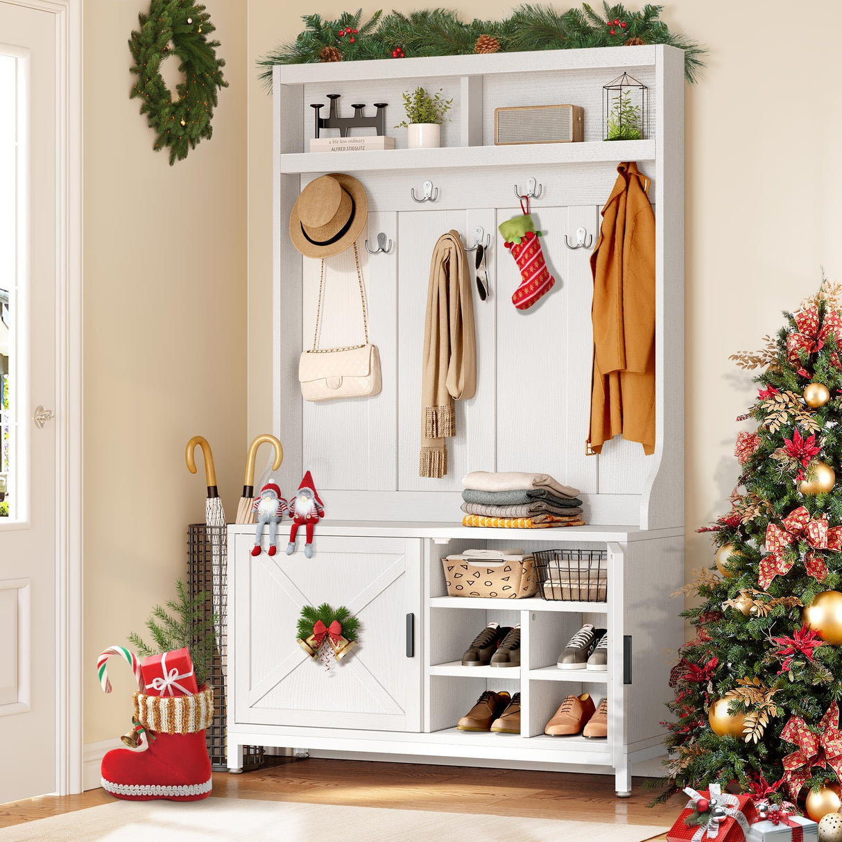 YITAHOME Hall Tree with Shoe Storage Bench for Entryway, 4-in-1 Coat Rack with Bench, Entrance Organizer with Shoe Storage, Hall Tree with Adjustable Shoe Storage and Hanging Hooks, White YITAHOME