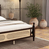 DNChuan King Size Platform Bed with Retro Style Rattan Headboard and Footboard,4-Post Wood Bed Frame with Central Enhanced,No Box Spring Needed, Espresso DNChuan
