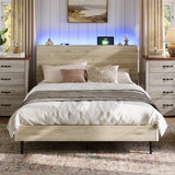 LINSY Wood Bed Frame, Queen Bed Frame with Headboard LED, Wooden Platform Frames with Charging Station, No Box Spring Needed, Easy Assembly, Natural Wood LINSY