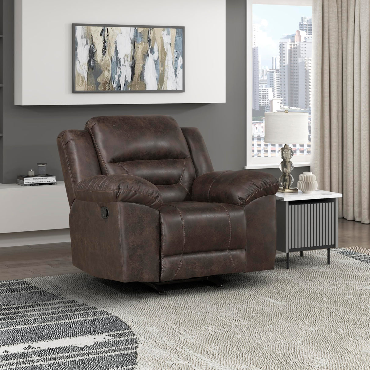 Lexicon Rocker Recliner Chair for Living Room, Wall Hugger Manual Recliner Chairs, Textured Microfiber Upholstered Rocking Reclining Chair, Home Theater Seating, Required Assembly, Dark Brown Lexicon