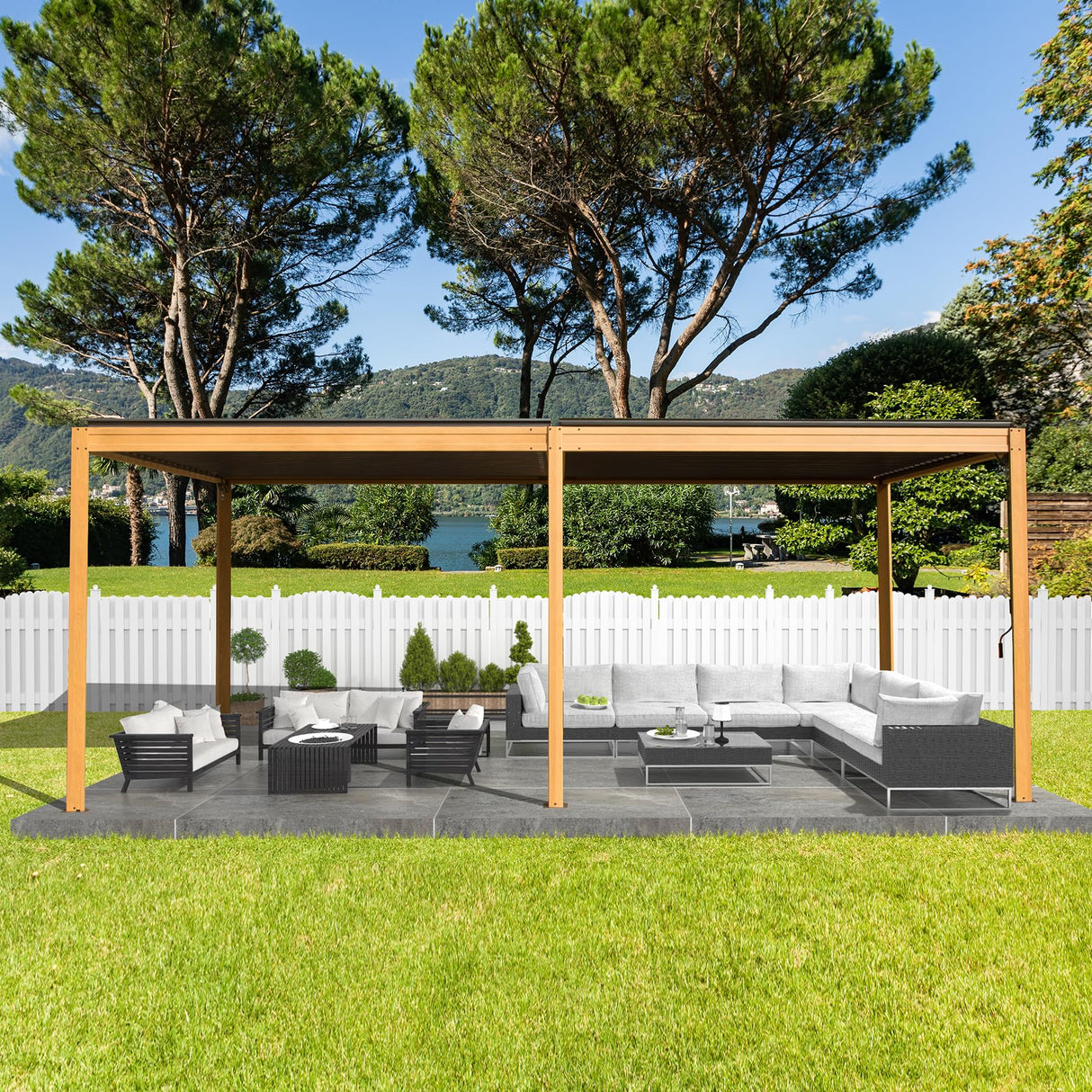 Domi Louvered Pergola 10x20FT, Outdoor Wood Grain Pergola Aluminum Frame with Adjustable Rainproof Metal Roof, Permanent Sun Shade with Drainage domi outdoor living