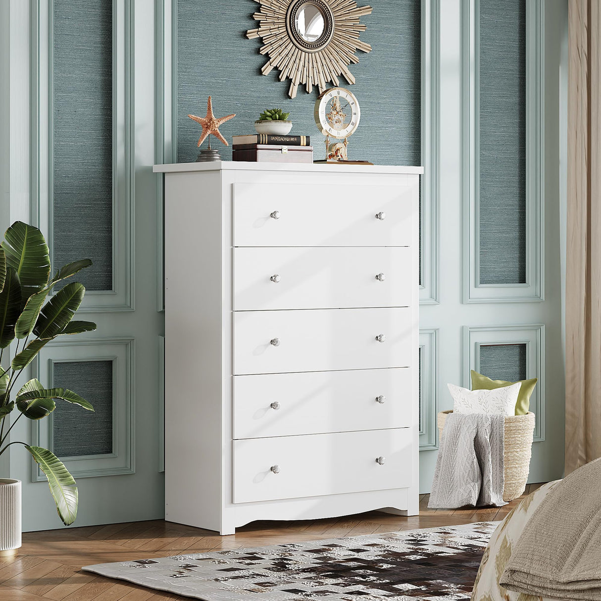 WLIVE White Wood Dresser with 5 Drawer, Cabinets Dressers Wood Dresser Cabinet, Organizer Drawers for Bedroom, Living, Hallway, Measuring 15.7" W*31.4" D*45.3" H WLIVE