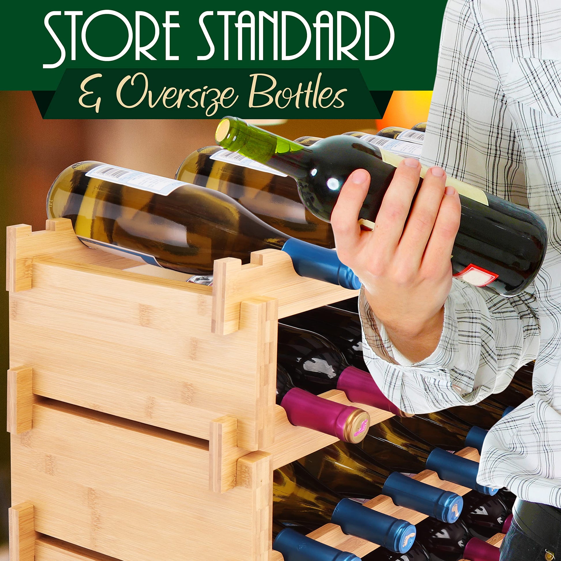 SereneLife Bamboo Stackable Wine Rack, 8-Tier 72 Bottle Capacity Wine Racks Free Standing Floor, No Tools Assembly, Modular Storage Display Shelf for - WoodArtSupply