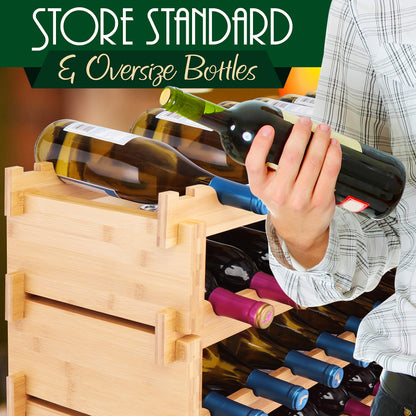 SereneLife Bamboo Stackable Wine Rack, 4-Tier 36 Bottle Capacity Wine Racks Free Standing Floor, No Tools Assembly, Modular Storage Display Shelf for Kitchen and Cellar 33.5" x 10" x 21" - WoodArtSupply