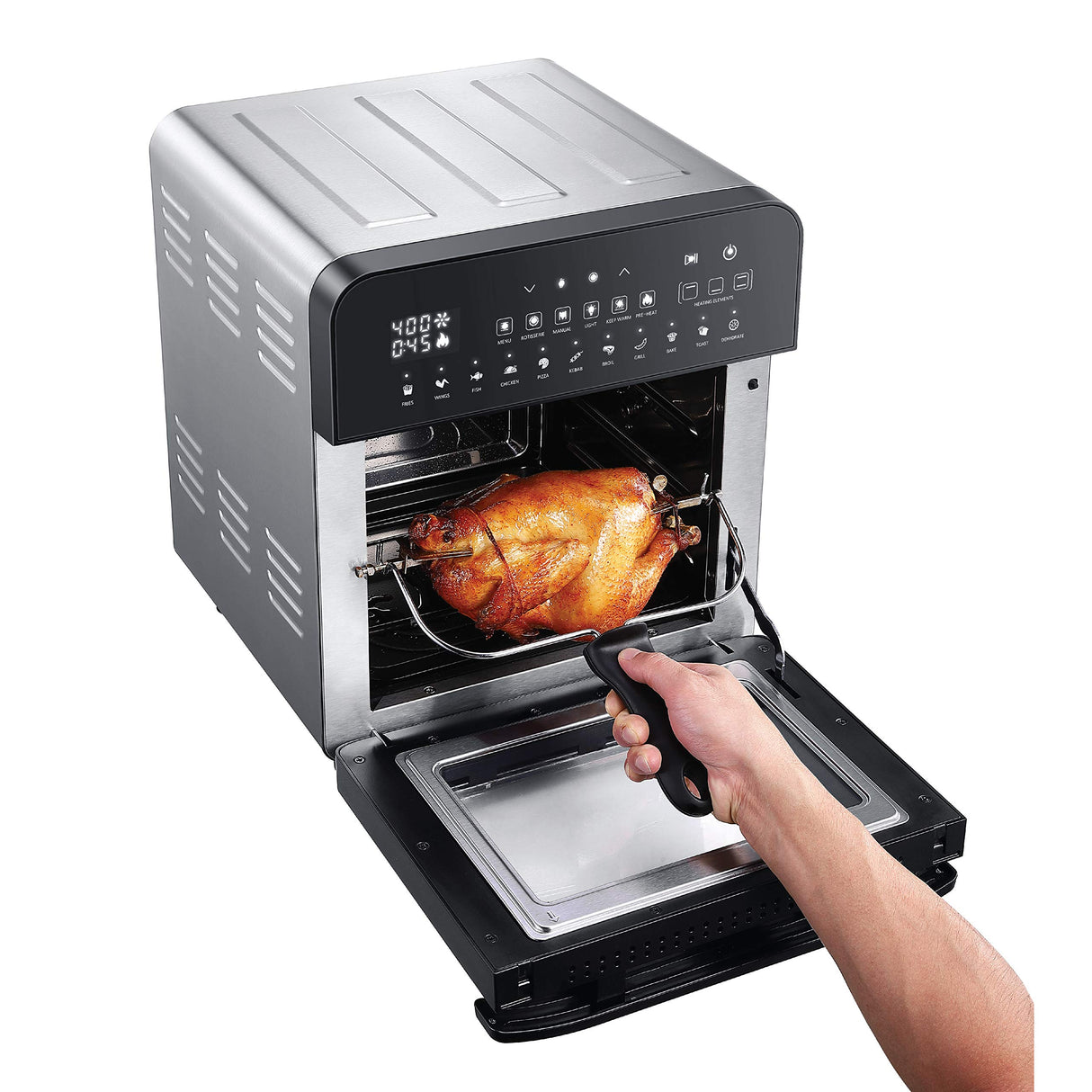 GoWISE USA 14.7-Quart Air Fryer Grill with Dual Heating Elements & Oven with Rotisserie, Dehydrator, Preheat and Broil Functions + 11 Accessories with 2 Recipe Books (Stainless Steel/Black), Ultimate GoWISE USA