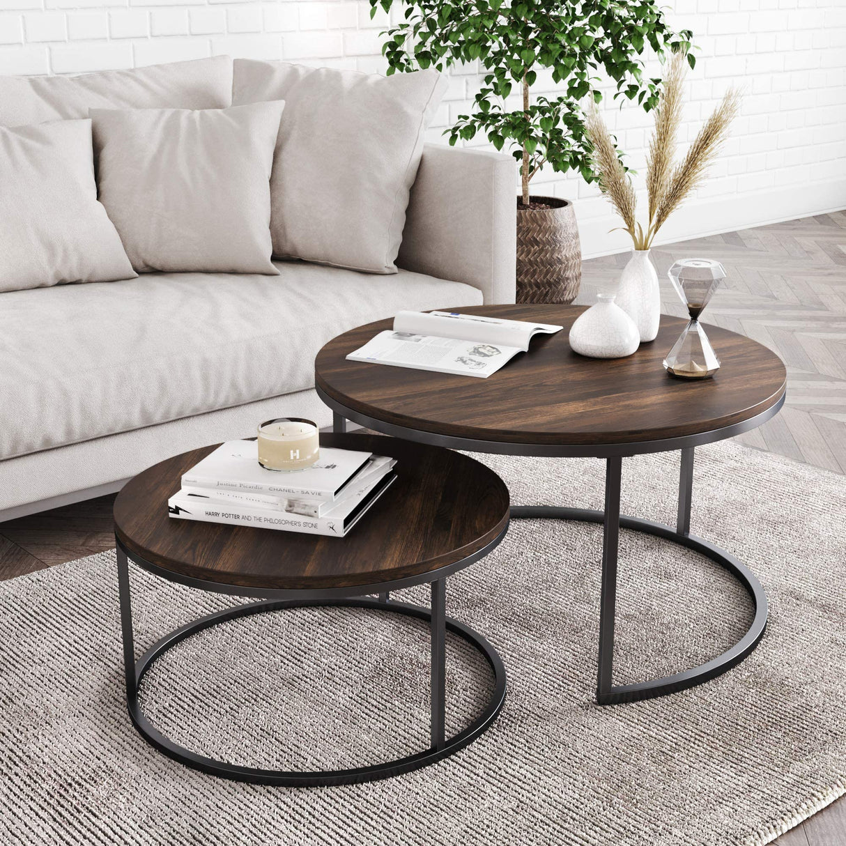 Nathan James Stella Round Modern Nesting Coffee Set of 2, Stacking Living Room Accent Tables with an Industrial Wood Finish and Powder Coated Metal Frame, Warm Nutmeg/Matte Black Nathan James