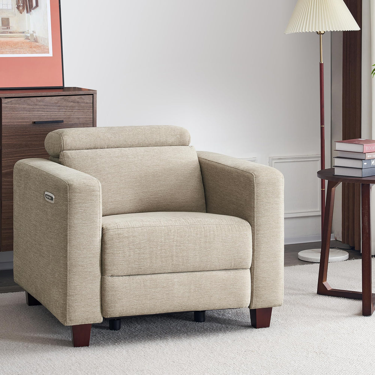 MCombo Wall-Hugger High Leg Power Recliner Chair with Adjustable Headrest and USB&Type C Dual Charge Ports for Living Room, Office, and Small Spaces, Fabric HL128 (Beige) MCombo