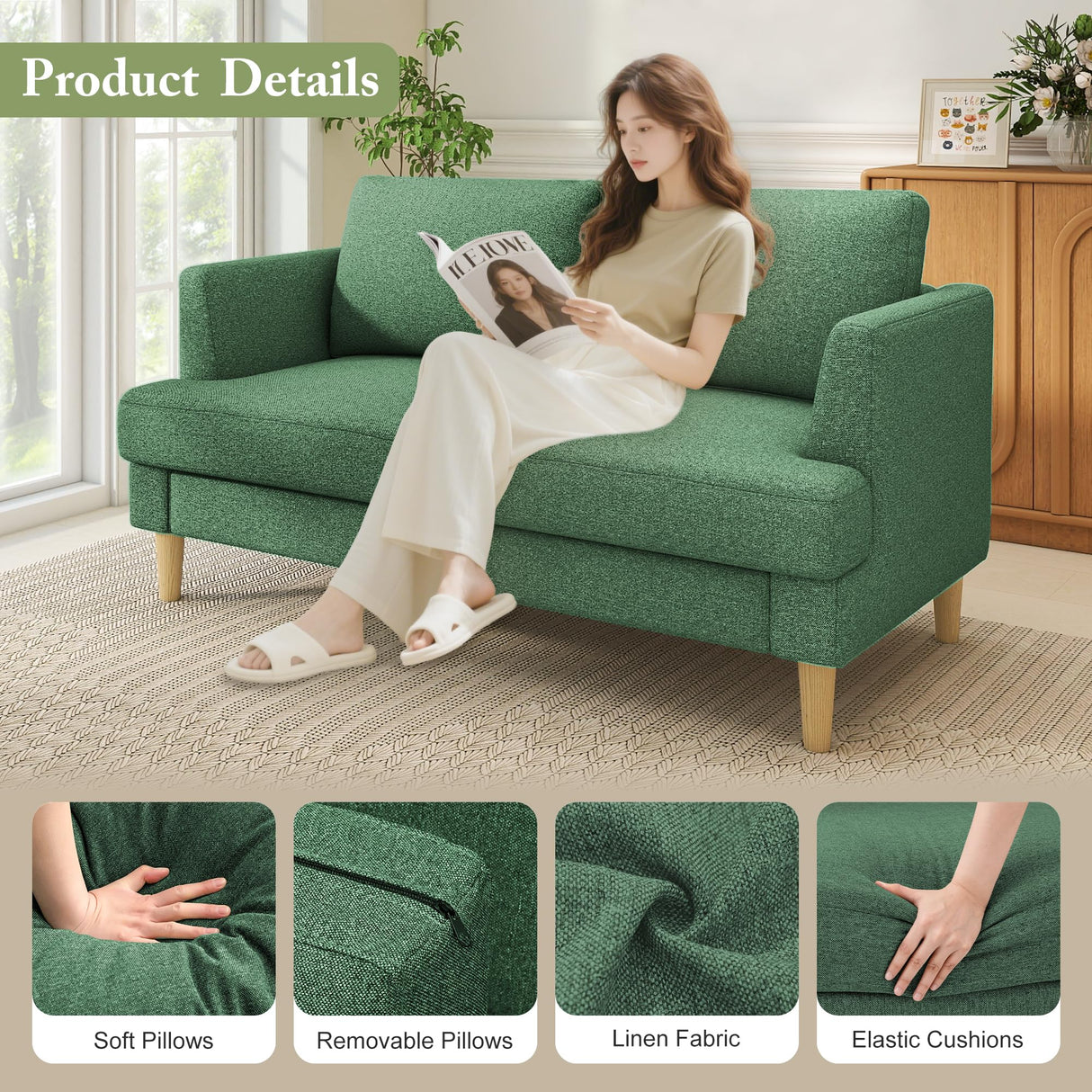 Busaurus Loveseat Sofa 56", Small Couches for Small Spaces Love Seat with 2-Seat Upholstered Cushion, Mid Century Modern Sofa Couches for Living Room, Deep Couch for Bedroom, Apartment, Green Busaurus