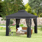 Outsunny 10' x 10' Outdoor Gazebo with Shelves and Netting, Double Roof Patio Gazebo Canopy Shelter, UV30+ Protected for Lawn, Backyard and Deck, Dark Gray Outsunny
