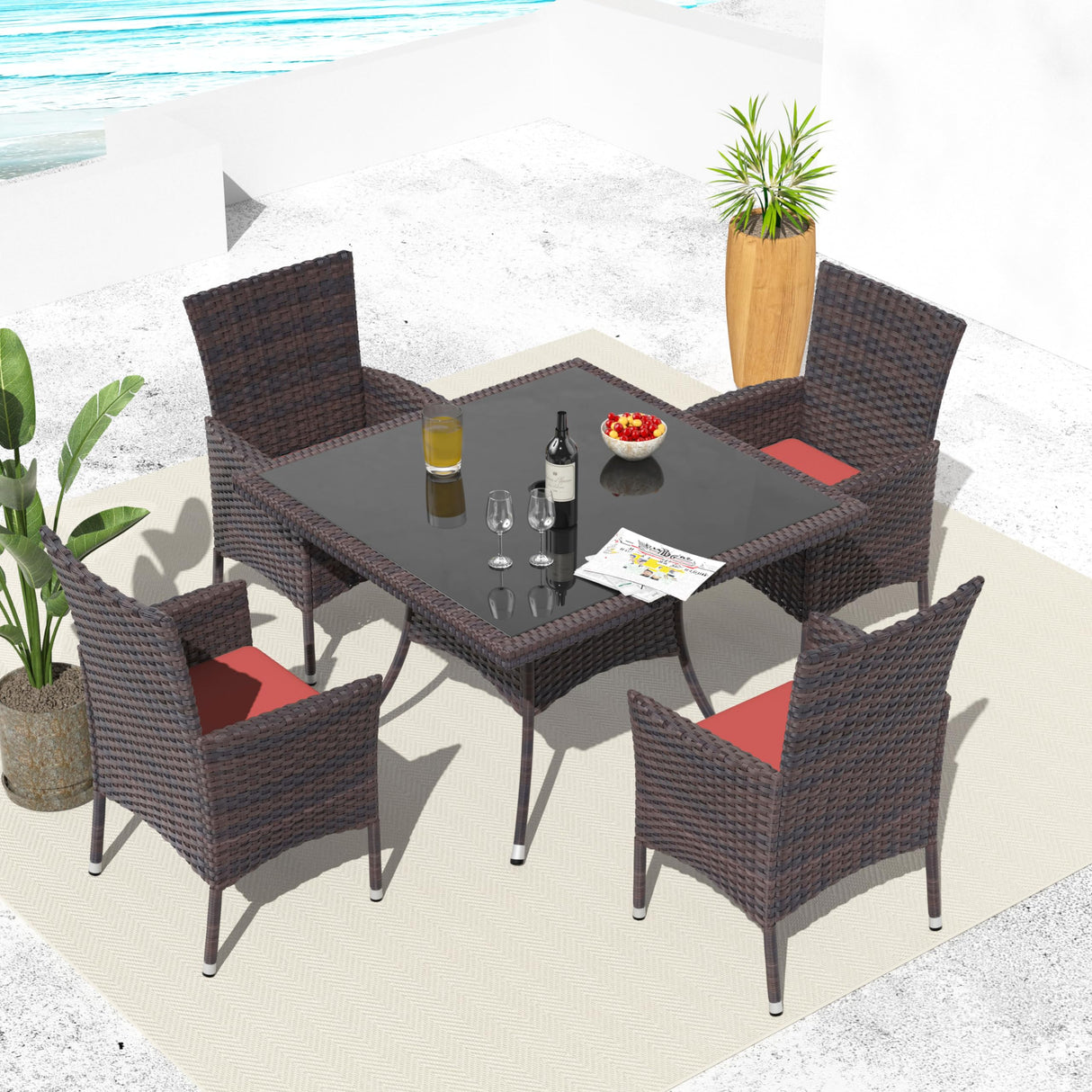 Kurapika 5-Piece Patio Furniture Outdoor Dining Set, Wicker Rattan Patio Dining Table and Chairs Set, Square Tempered Glass Tabletop with Umbrella Hole and 4 Chair Set, Red Kurapika