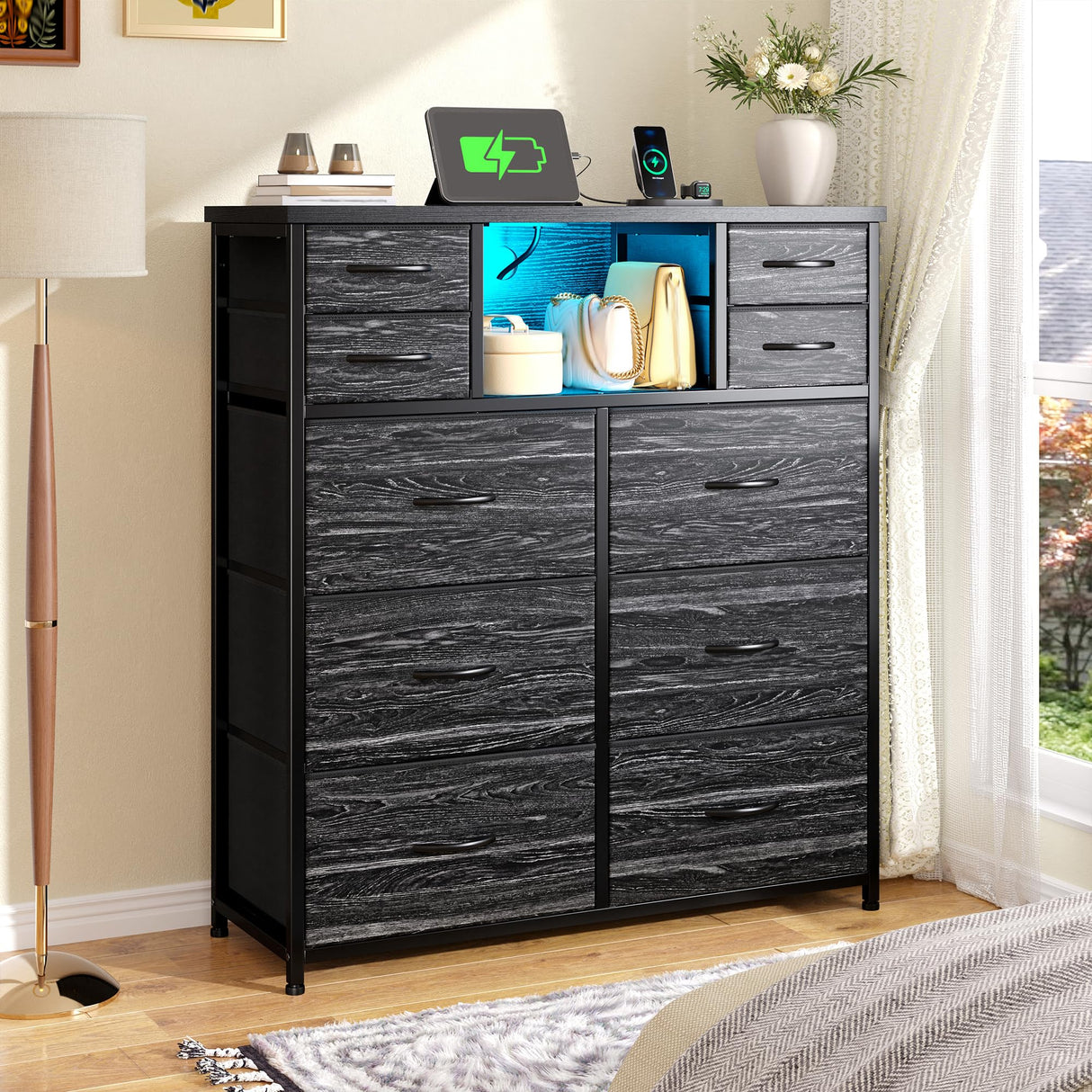 DurayLoly Dresser for Bedroom with Charging Station and LED and 10 Fabric Drawers, Sturdy Bedroom Dresser for Storage, Closet, Hallway (Black) DurayLoly