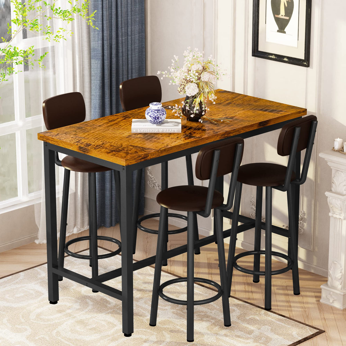 Lamerge Rustic Brown Industrial Dining Table Set for 4 with PU Upholstered Stools Lamerge