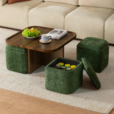 CHIC HOUSE Small Square Coffee Table with Storage, Mid-Century Modern Coffee Tables with 4 Chenille Ottomans Underneath, Center Table for Living Room, Apartment Small Space, Walnut CHIC HOUSE