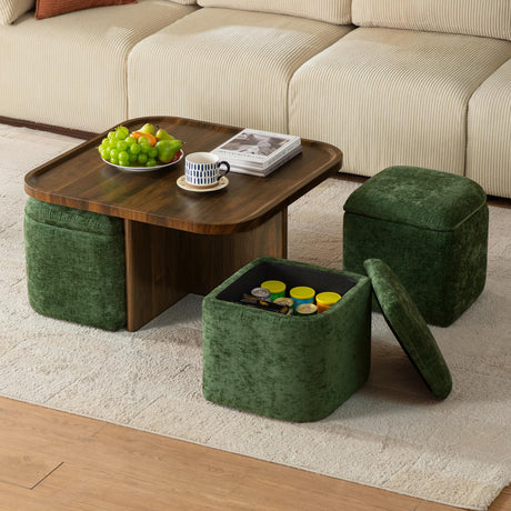 CHIC HOUSE Small Square Coffee Table with Storage, Mid-Century Modern Coffee Tables with 4 Chenille Ottomans Underneath, Center Table for Living Room, Apartment Small Space, Walnut CHIC HOUSE