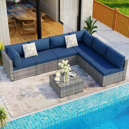 Shintenchi 7 Pieces Outdoor Patio Sectional Sofa Couch, Silver Gray PE Wicker Furniture Conversation Sets with Washable Cushions & Glass Coffee Table for Garden, Poolside, Backyard (Aegean Bl - WoodArtSupply