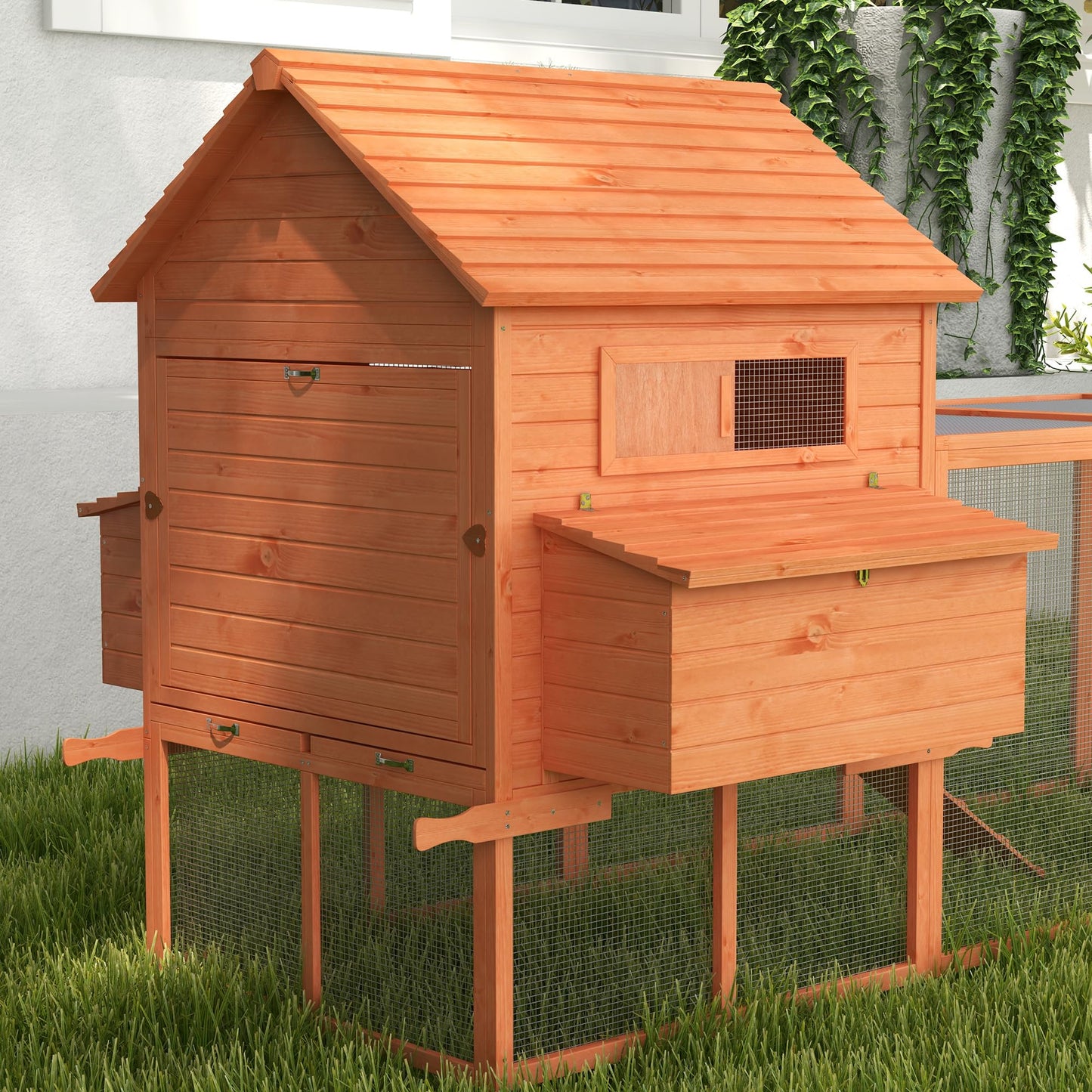 PawHut 145" Chicken Coop Large Chicken House Rabbit Hutch Wooden Poultry Cage Pen Garden & Backyard with Run & Inner Hen House Space - WoodArtSupply