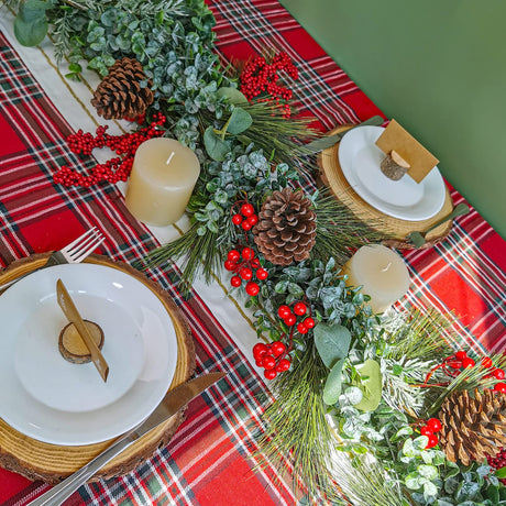 Winlyn 6' Long Artificial Eucalyptus and Pine Christmas Garland with Pine Cones Red Berries Pine Needles Winter Greenery Garland Christmas Season Holiday Wedding Table Runner Centerpiece Mantel Decor Winlyn