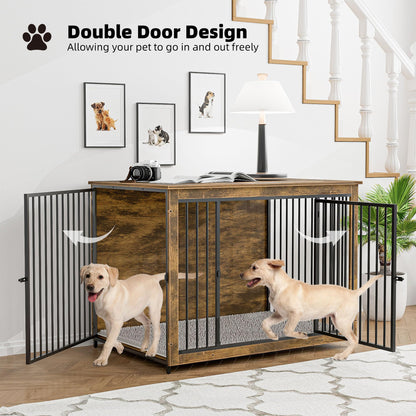 BREEZEHEAT Dog Crate Furniture with Cushion, 44'' Wooden Dog Crate Kennel with Double Doors, Heavy-Duty Dog Cage End Table for Small/Medium/Large Dog, Indoor Dog House, Rustic Brown