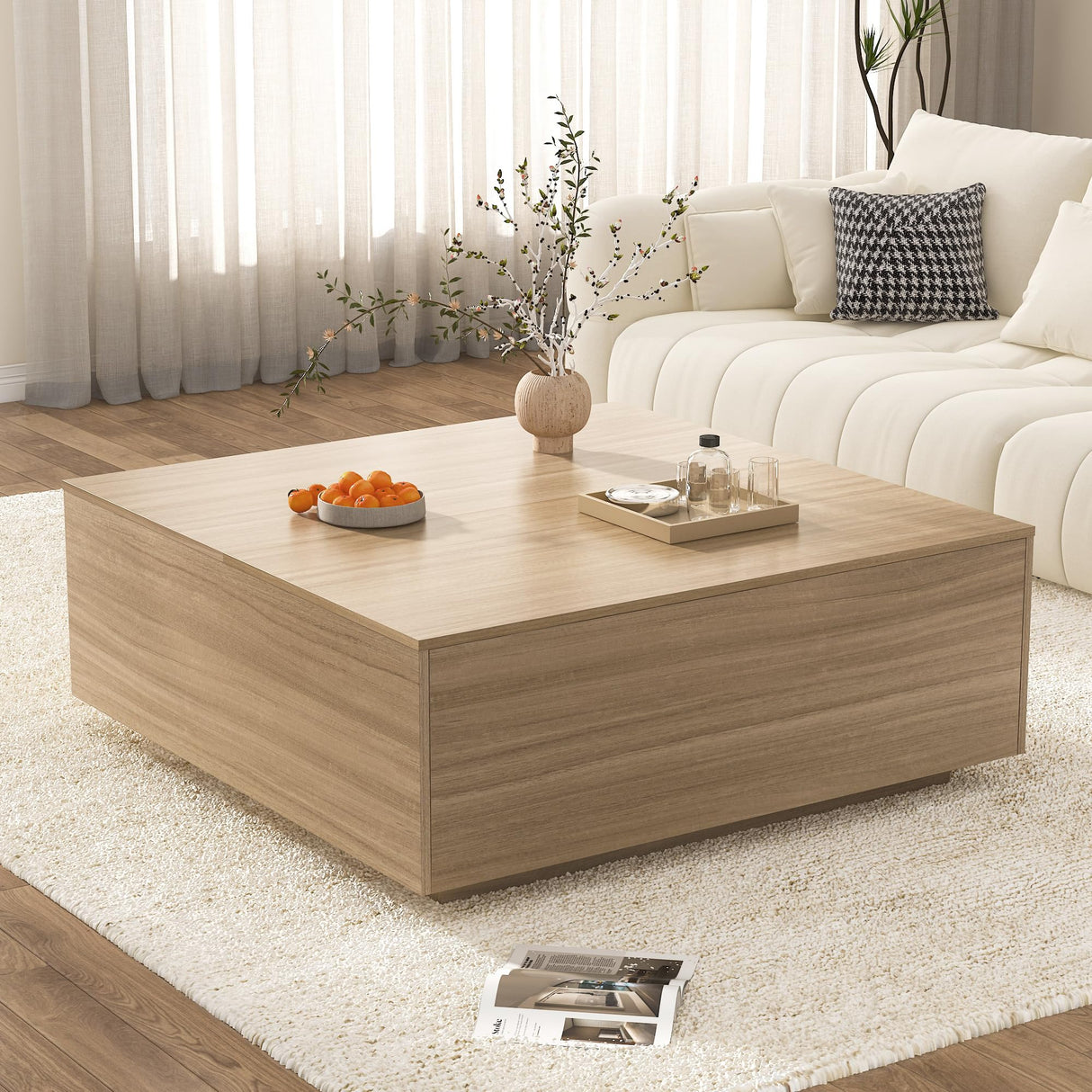 43 Inch Large Square Coffee Table with Storage,Modern Wooden Coffee Table with 2 Drawers Storage for Living Room,Mid Century Tea Table/Aesthetic Coffee Tables Center Table for Home Office(Oak) jiteentarou