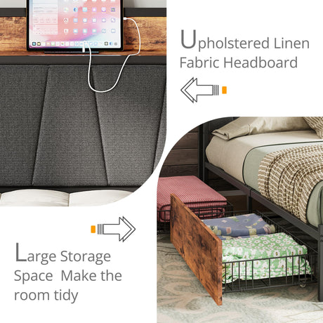 LIKIMIO Vintage Brown King Bed Frame with 4 Storage Drawers and Charging Headboard LIKIMIO
