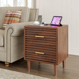 Whalefall Night Stands with Charging Station Set of 2, Mid Century Modern Nightstand, Fluted Bedside Table with Drawer, End Table Bed Side Tables for Bedroom, Accent Tables with Wood Legs, Brown 2pcs Whalefall