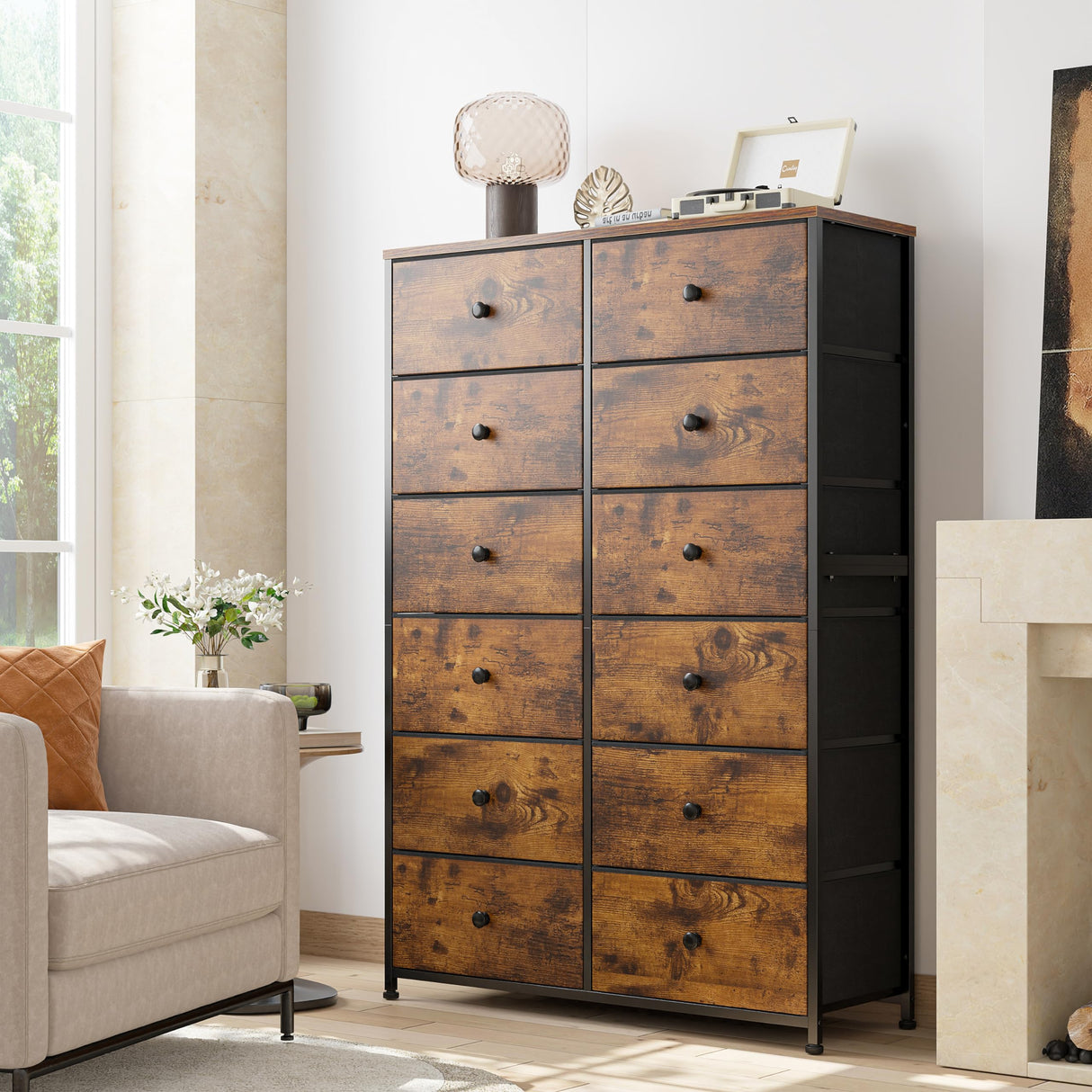 EnHomee 12 Drawer Dresser with Wooden Top and Metal Frame, Tall Fabric Dresser & Chest of Drawers for Bedroom Closet Living Room, Rustic Brown, 11.8" D x 34.7" W x 52.4" H EnHomee