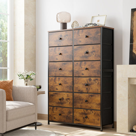 EnHomee 12 Drawer Dresser with Wooden Top and Metal Frame, Tall Fabric Dresser & Chest of Drawers for Bedroom Closet Living Room, Rustic Brown, 11.8" D x 34.7" W x 52.4" H - WoodArtSupply