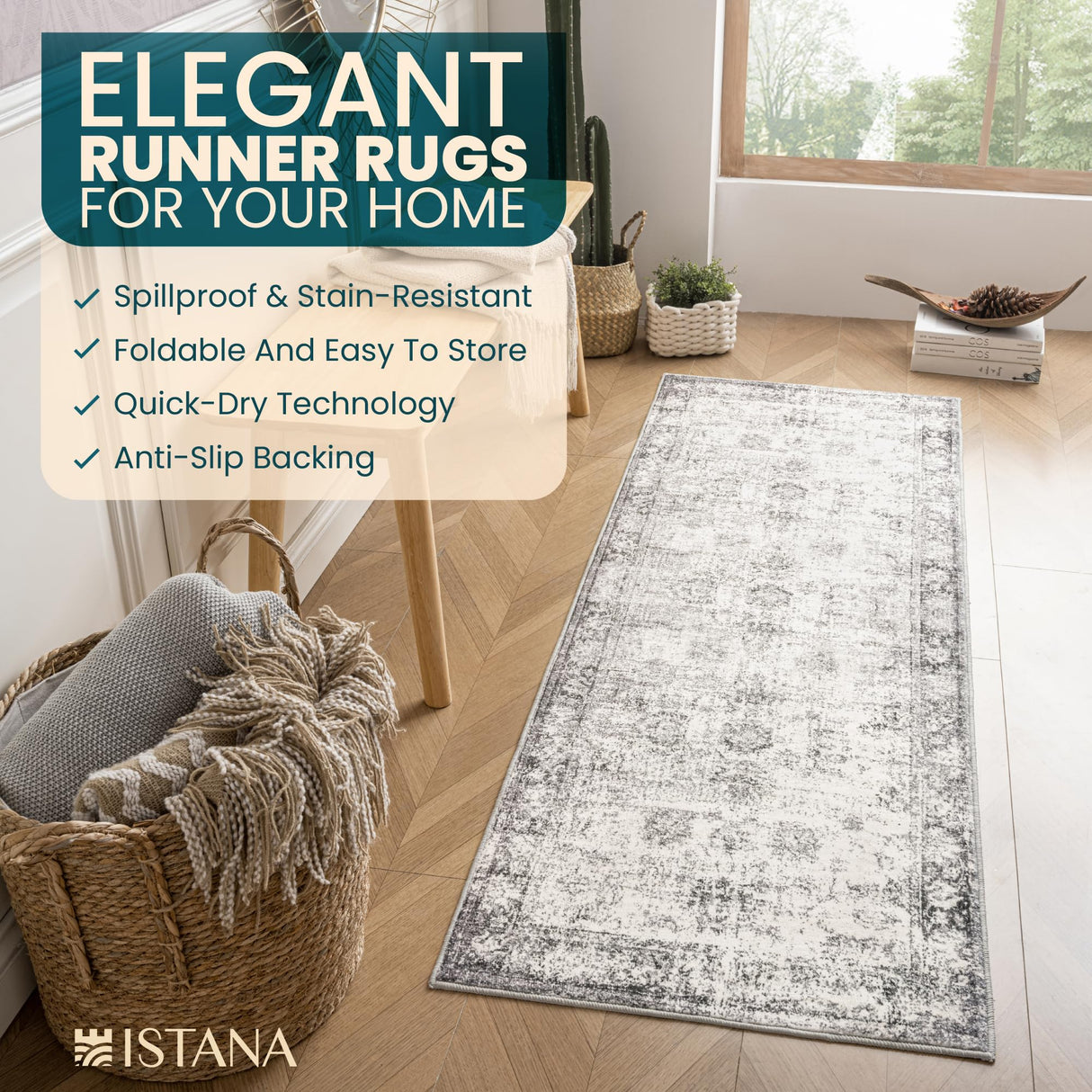 Istana Hallway Runner Rug 2x6 - White Cream/Grey Kitchen Rugs Non Slip Washable -Silk's Soft Touch Carpet Runner - Stylish Rug Runner for Home Istana