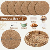 Cattail Woven Placemats Set of 6 and Storage Basket, 12 Inch Farmhouse Plate Chargers Set with Rattan Wicker Holder, Braided Straw Table Mats for Dining Table, Fall, Party, Thanksgiving, Christmas BSSN