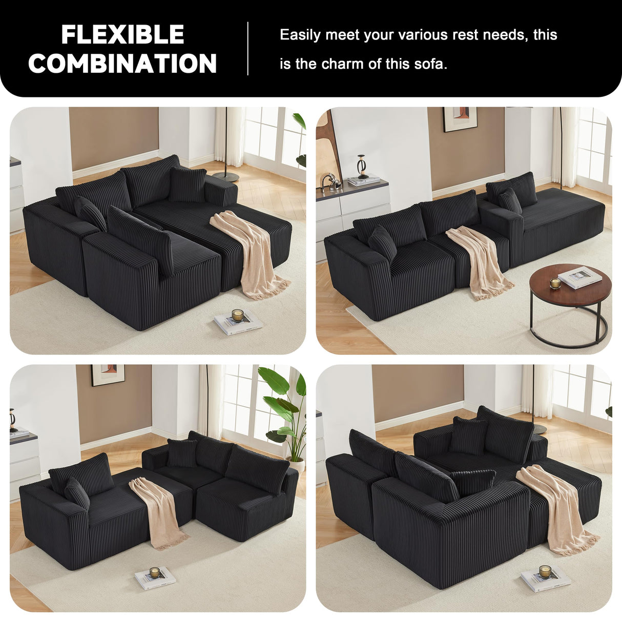 97" Boneless Couches for Living Room, Cloud Couch Sectional with Deep Seat, Comfy Couch with L-Shaped Chaise, Minimalist Upholstered Modular Sectional Sofa, No Assembly Required (Corduroy,Black) Huatean Home