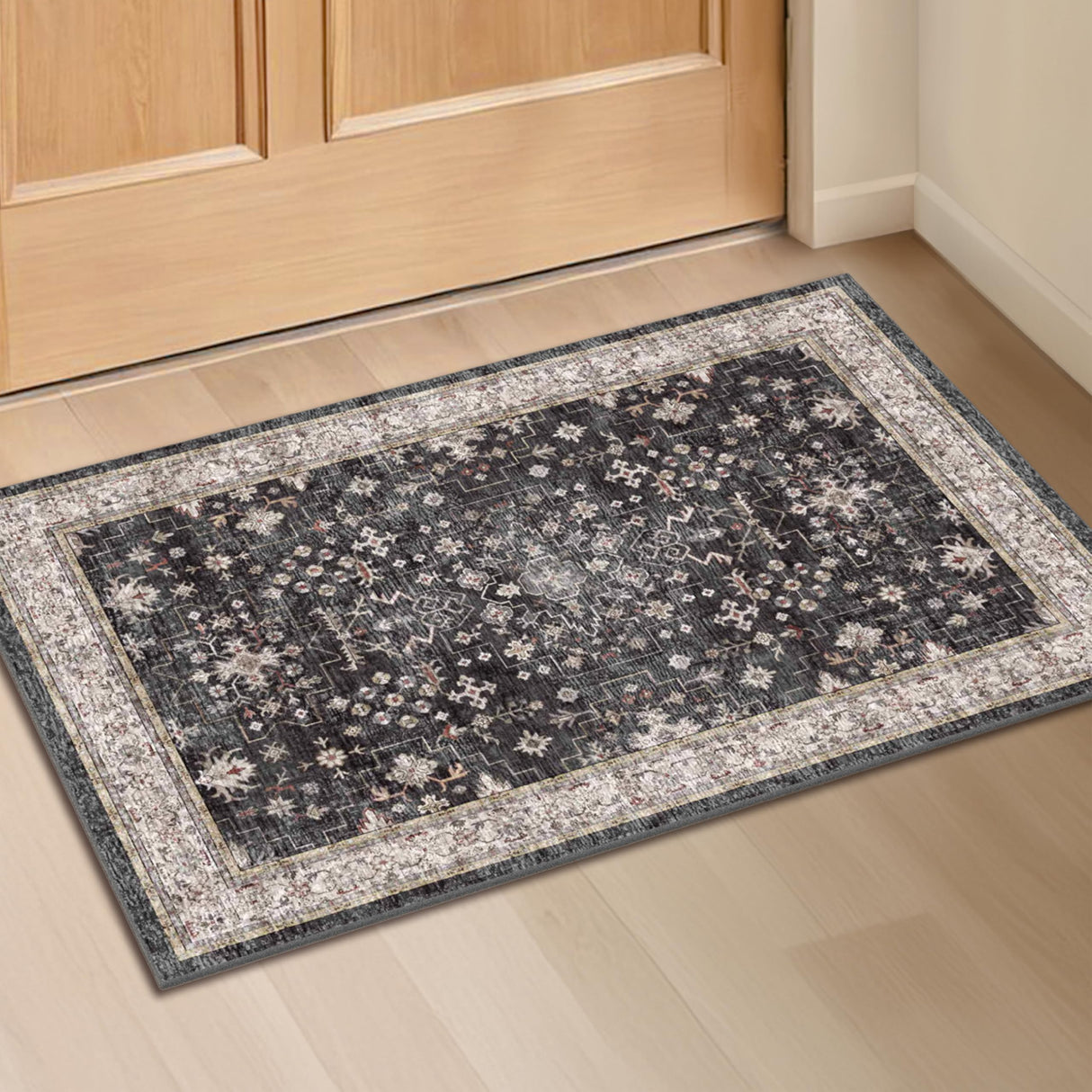 Black Washable 2x3 Entry Rug, Small Rugs for Entryway Kitchen Bathroom Door Mat Indoor Entrance, Non Slip Rubber Backing, Stain & Fade Resistant, Ashen Charcoal Floral Farmhouse Decor Hazo Haus