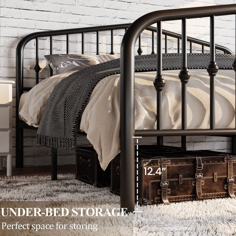 Victorian-Style King Size Metal Platform Bed Frame with Wrought Iron Headboard and Footboard in Black SHA CERLIN