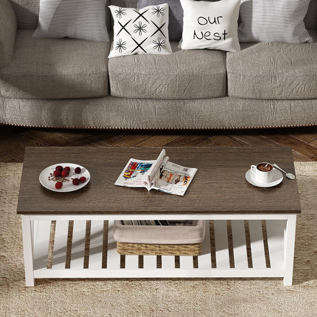 ChooChoo Farmhouse Coffee Table, Rustic Vintage Living Room Table with Shelf, 47 White ChooChoo