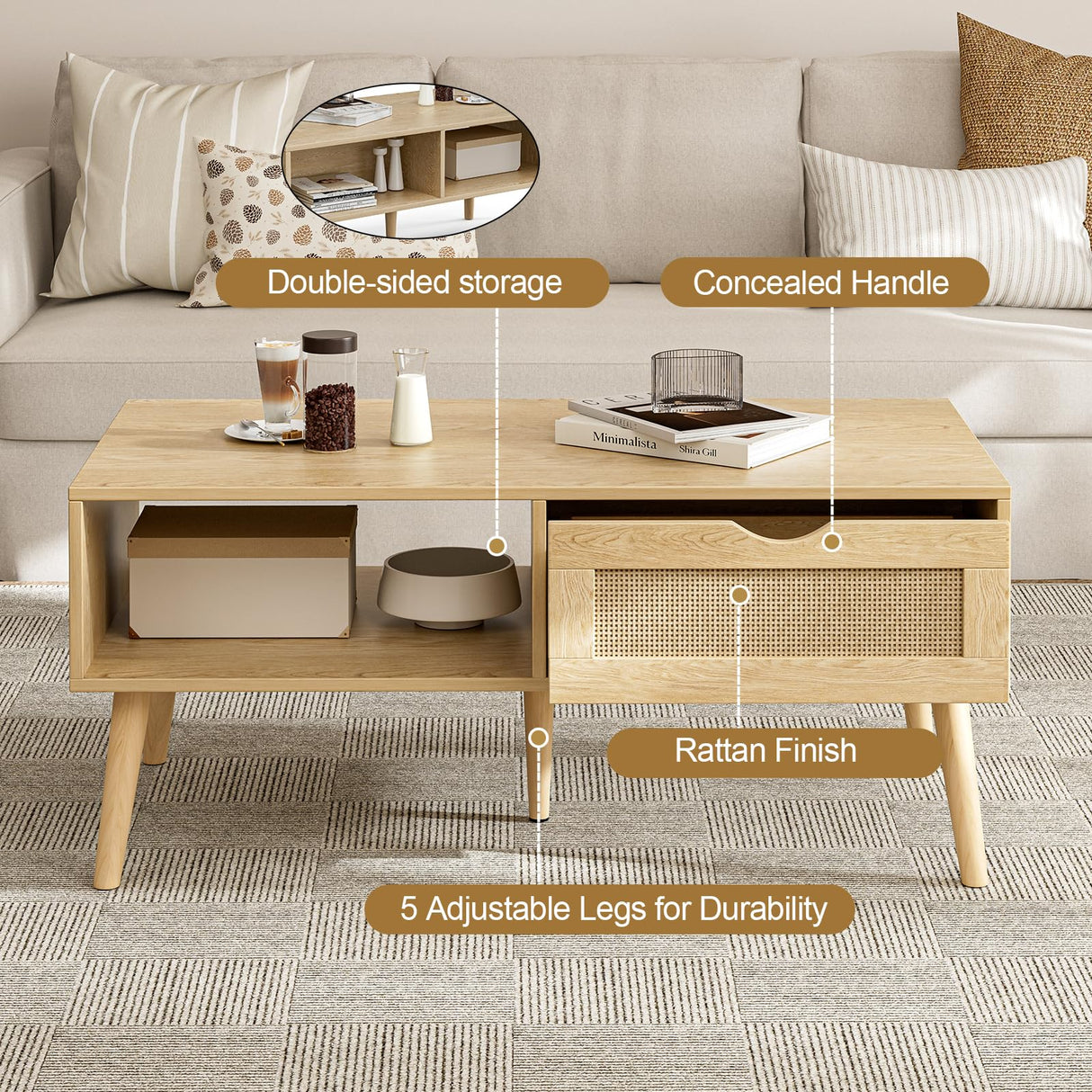 ZttRiee Wood Coffee Table with Storage, Boho Dining Table with Rattan Drawer and Solid Wood Legs, Small Coffee Tables for Living Room, Oak ZttRiee