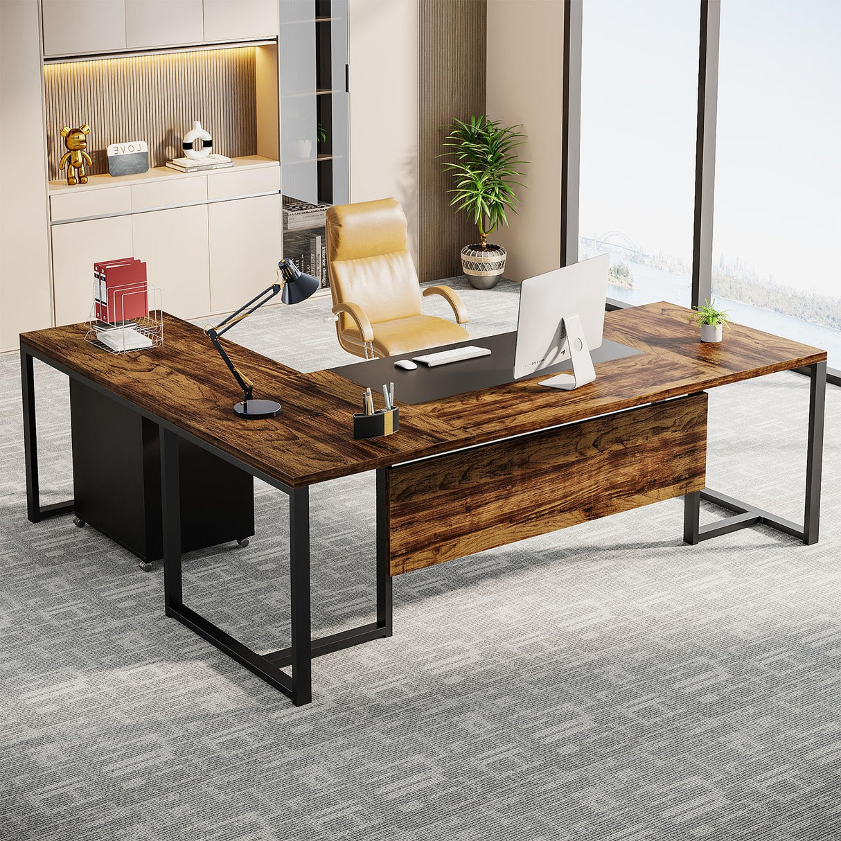 Tribesigns 70.8-Inch Executive Desk with File Cabinet, Large L Shaped Computer Desk with Storage Cabinet, L Shaped Desk with Drawer Cabinet, Rustic Brown & Black Tribesigns