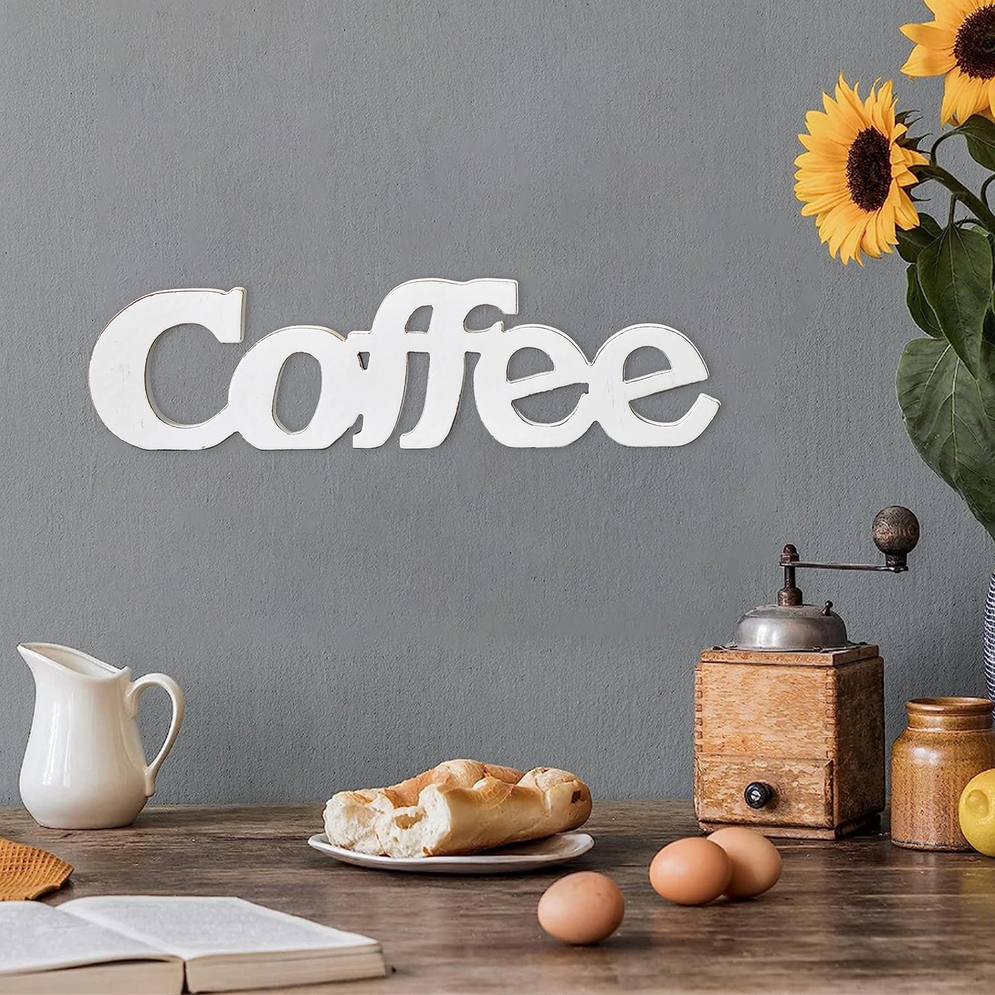 Sintosin Rustic Distressed White Coffee Sign for Tabletop 14", Wall Hanging Coffee Bar Sign Kitchen Decor, Farmhouse Coffee Signs for Coffee Bar, Coffee Wood Signs for Home Decor Shelf Christ - WoodArtSupply