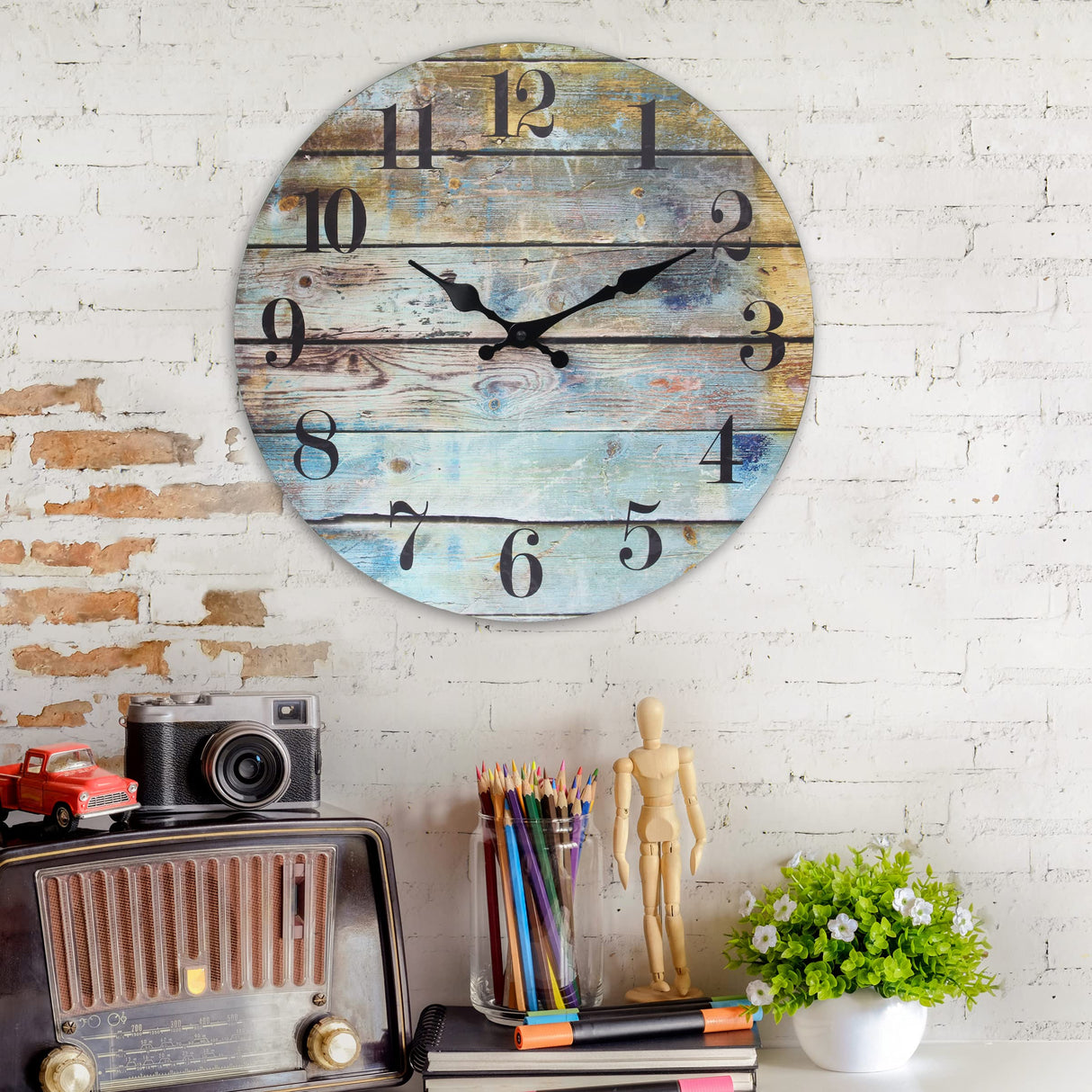 Stonebriar Vintage Farmhouse Wooden 14 Inch Round Battery Operated Hanging Wall Clock Stonebriar